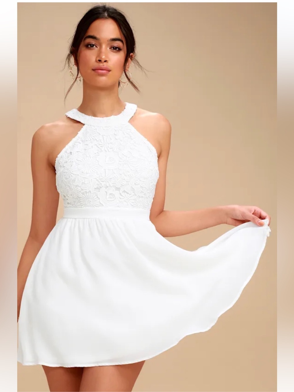 Lulus Lover's Game White Lace Skater Dress high neck mini size SM new